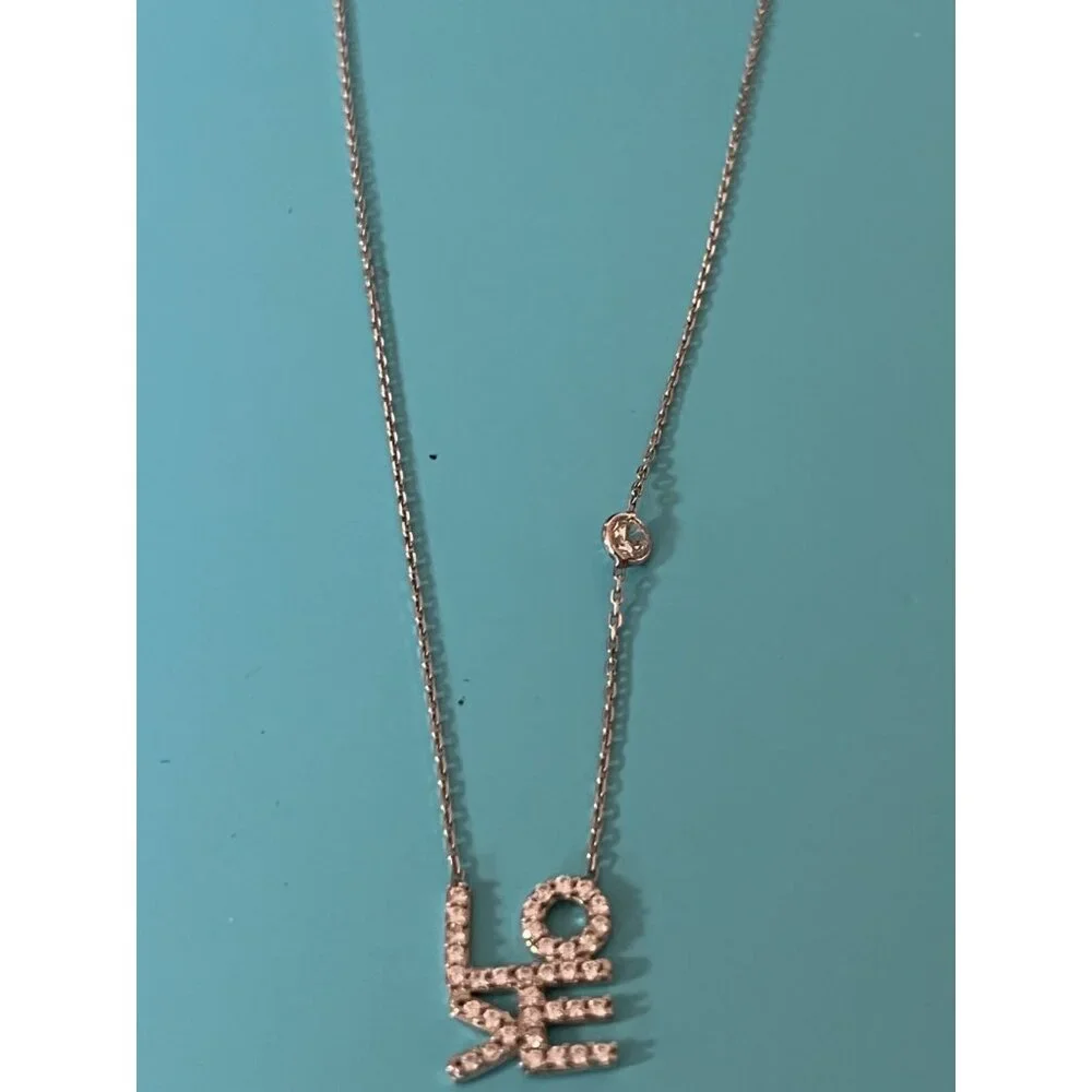 Sterling Silver LOVE Pendant Necklace With Rhinestone Accents & Adjustable Chain - Picture 3 of 5